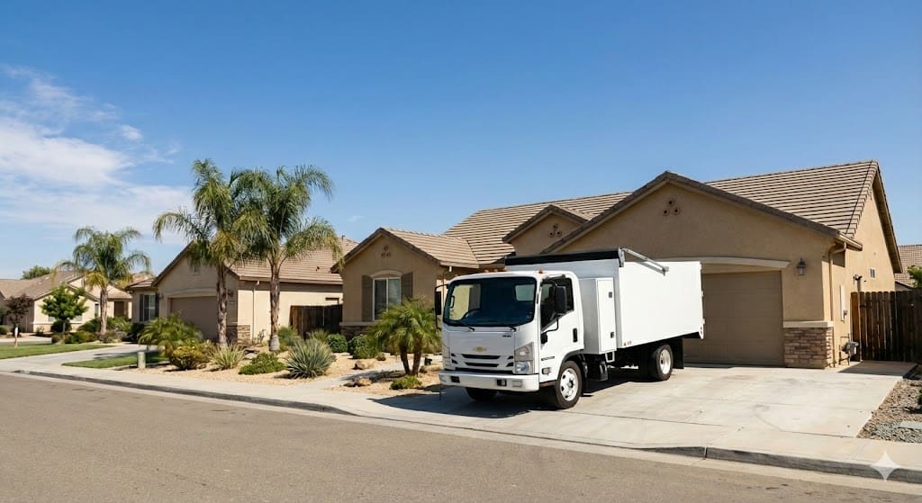Junk removal truck at high-ticket residential job in Manteca CA - Example of local route density lead generation.